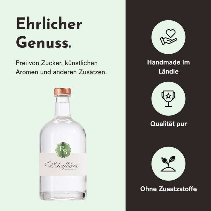Handgemacht in Vorarlberg, ohne Zusatzstoffe: Schafbirne Birnenschnaps der Destillerie Brunner.
