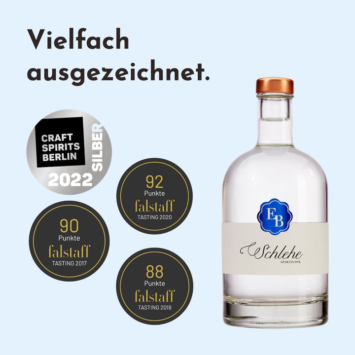 Schlehenschnaps mit Silber bei den Craft Spirits Berlin 2022 sowie 92, 90 und 88 Punkten beim Falstaff Tasting.