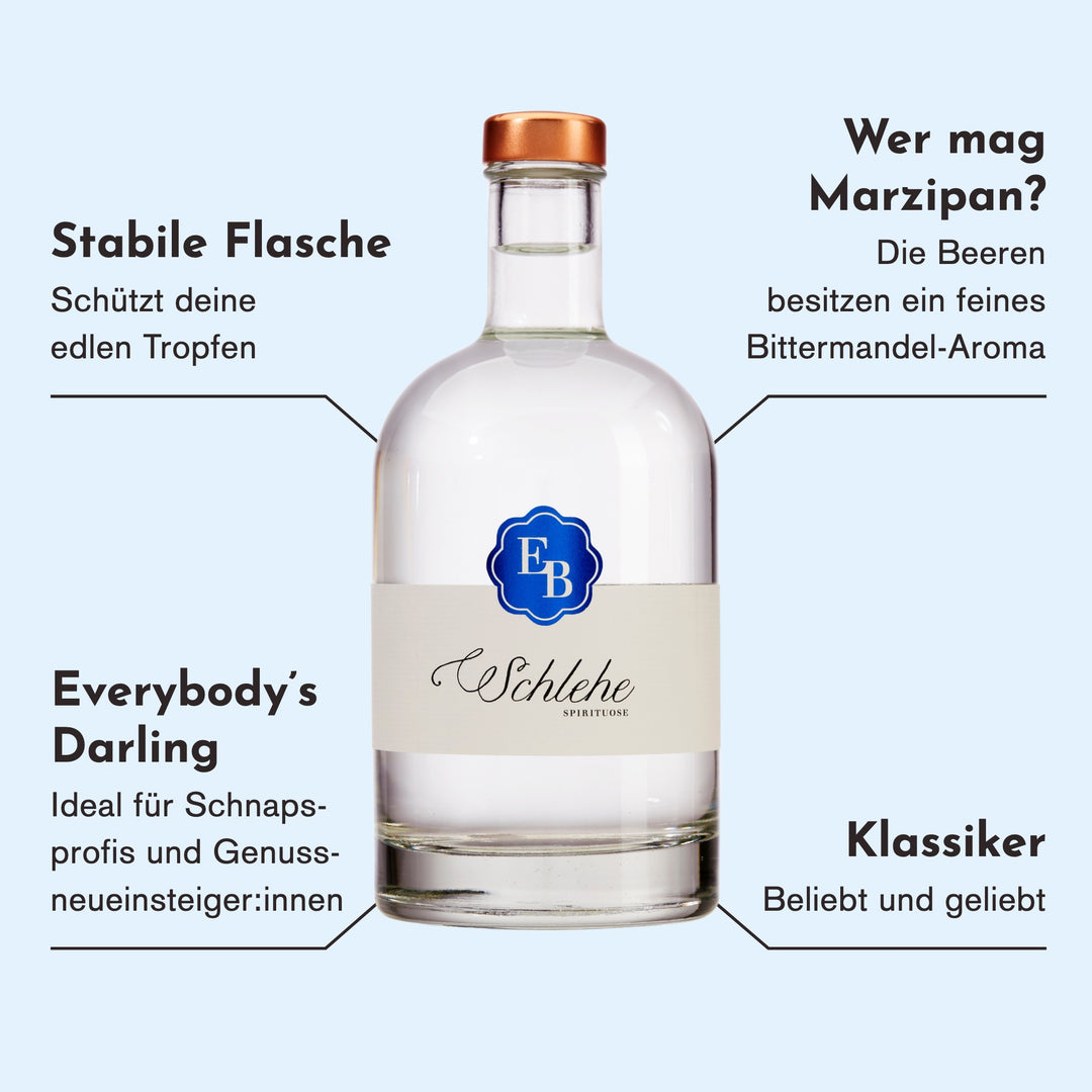 Merkmale des Schlehenschnaps: feines Marzipan- und Bittermandel-Aroma, ideal für Schnapsprofis und Einsteiger, ein beliebter Klassiker.