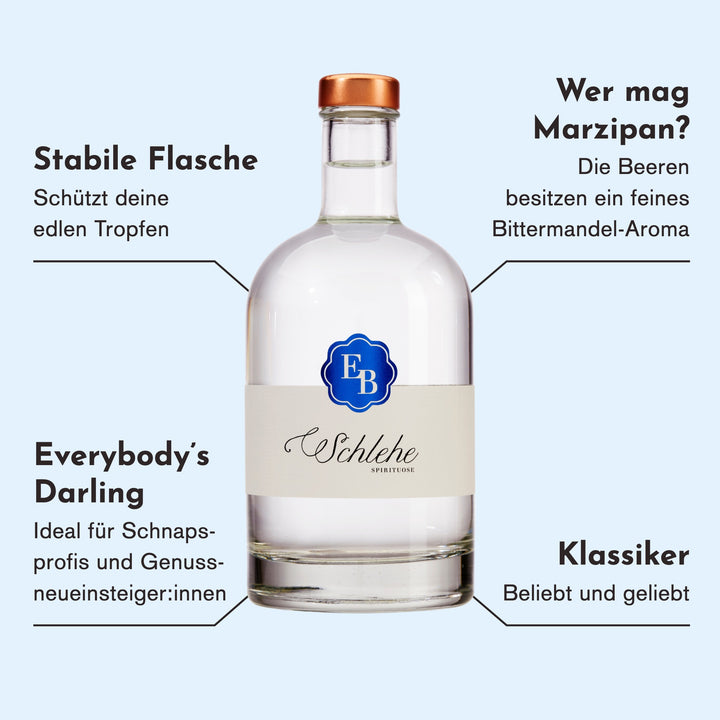 Merkmale des Schlehenschnaps: feines Marzipan- und Bittermandel-Aroma, ideal für Schnapsprofis und Einsteiger, ein beliebter Klassiker.