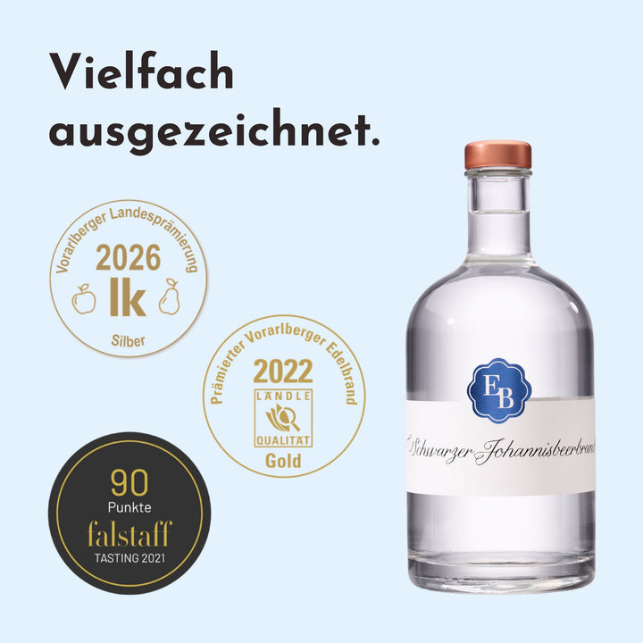 Ribiselschnaps mit Silber bei der Vorarlberger Landesprämierung 2026, Gold 2022 und 90 Punkten beim Falstaff Tasting 2021.