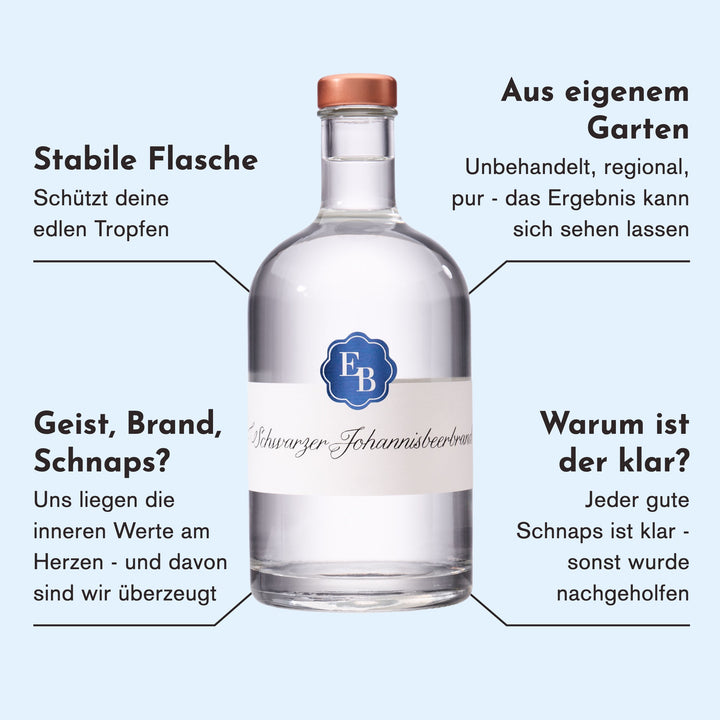Merkmale des Ribiselschnaps: unbehandelte Beeren aus dem eigenen Garten, glasklar und ohne Farbstoffe.