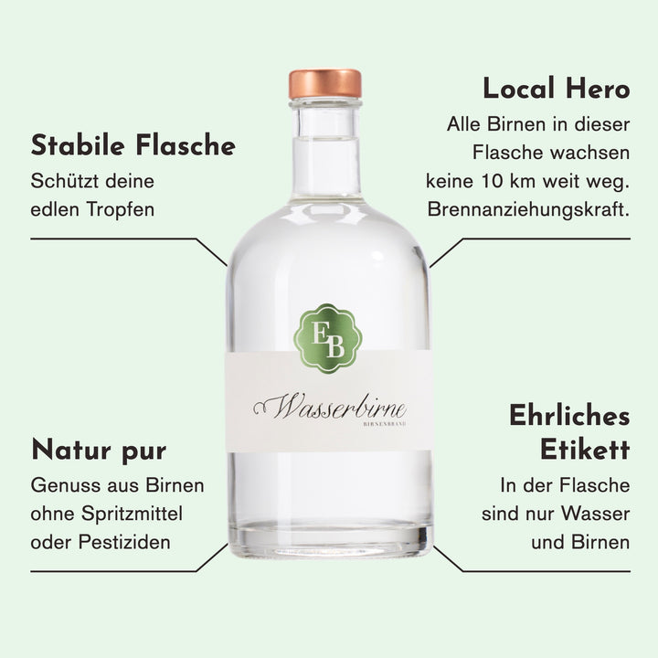 Merkmale der Schweizer Wasserbirne: Birnen aus weniger als 10 km Umkreis, ohne Spritzmittel und Pestizide, nur Wasser und Birnen in der Flasche.