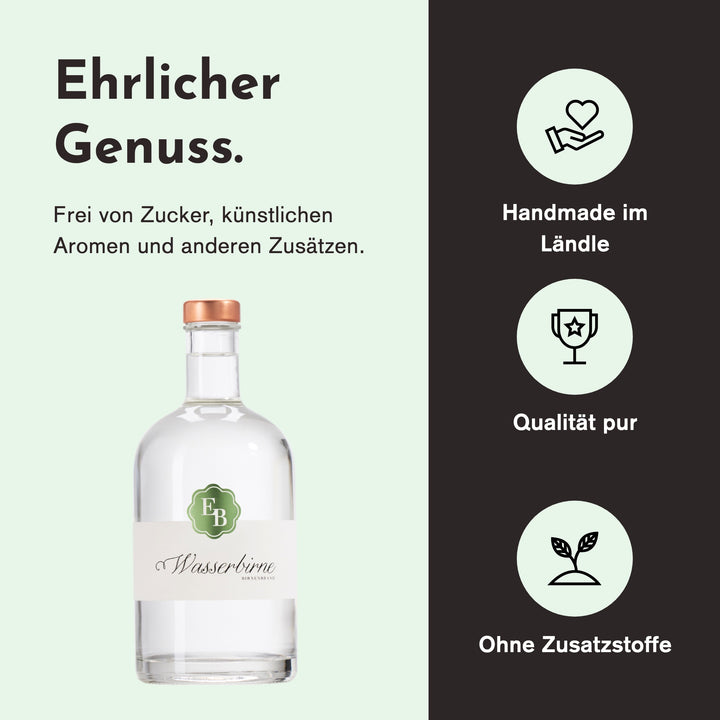 Handgemacht in Vorarlberg, ohne Zusatzstoffe: Schweizer Wasserbirne Schnaps der Destillerie Brunner.