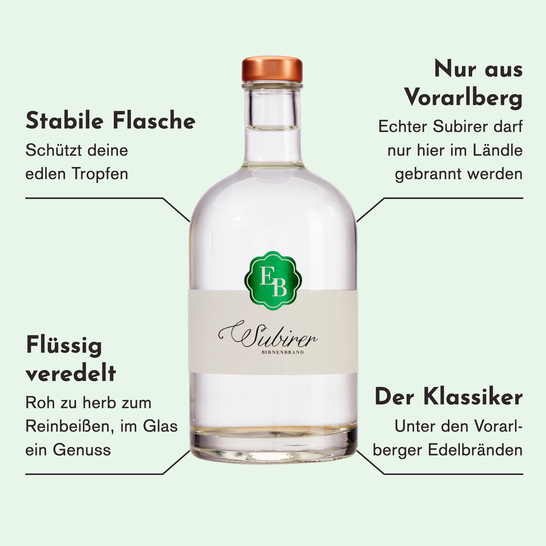 Merkmale des Subirer Schnaps: echter Subirer wird nur in Vorarlberg gebrannt, die herbe Birne entfaltet sich erst im Glas, der Klassiker unter den Vorarlberger Edelbränden.