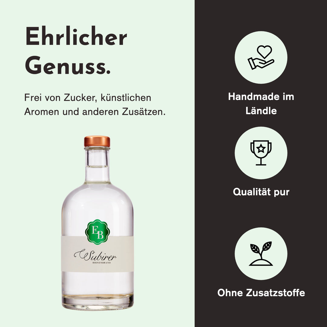 Handgemacht in Vorarlberg, ohne Zusatzstoffe: Subirer Schnaps der Destillerie Brunner.