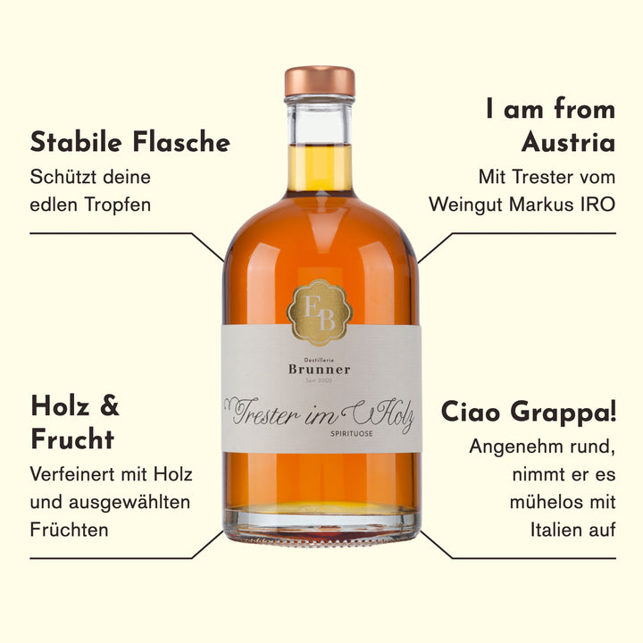 Merkmale des Tresterbrands im Holz: Trester vom Weingut Markus Iro aus Österreich, verfeinert mit Holz und ausgewählten Früchten, angenehm rund.