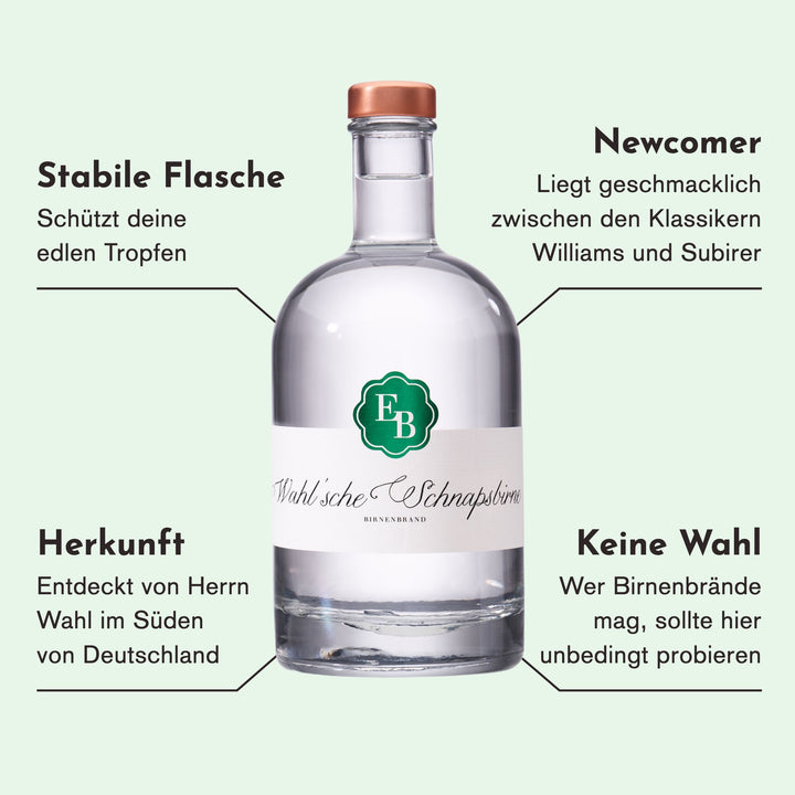 Merkmale der Wahlschen Schnapsbirne: geschmacklich zwischen Williams und Subirer, entdeckt von Herrn Wahl in Süddeutschland, ein Muss für Birnenschnaps-Fans.