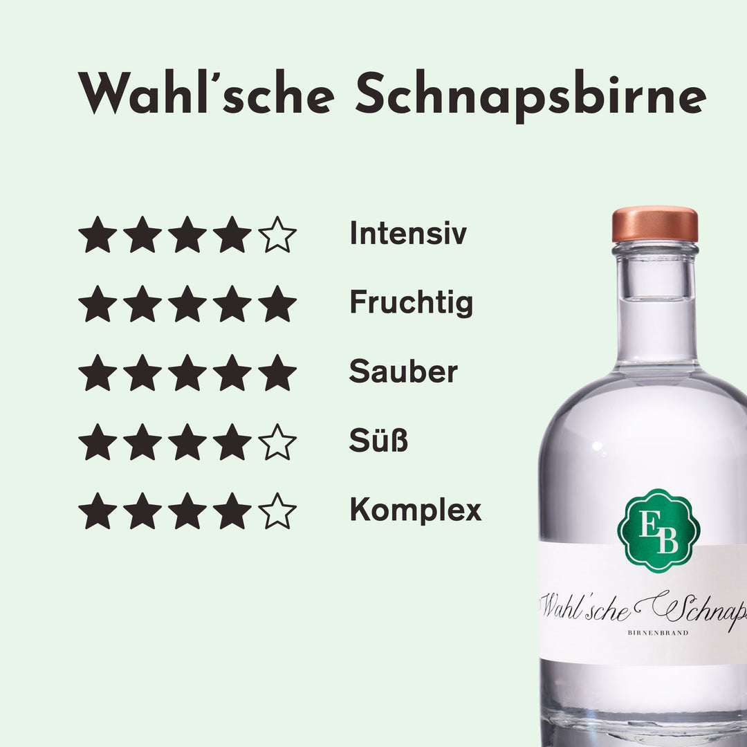 Geschmacksprofil der Wahlschen Schnapsbirne: intensiv 4/5, fruchtig 5/5, sauber 5/5, süß 4/5 und komplex 4/5 Sternen.