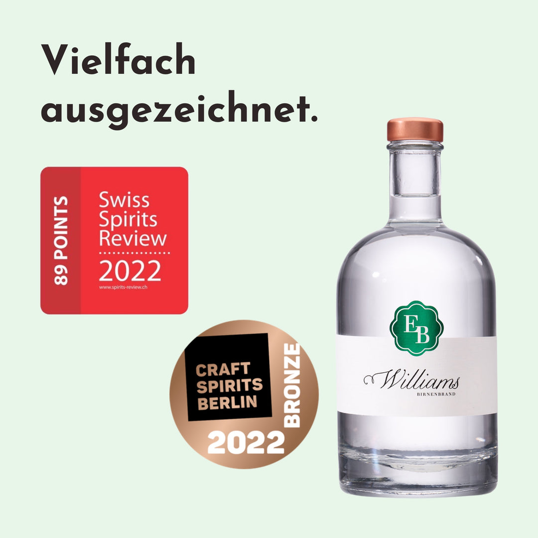Williams Schnaps mit 89 Punkten beim Swiss Spirits Review 2022 und Bronze bei den Craft Spirits Berlin 2022.