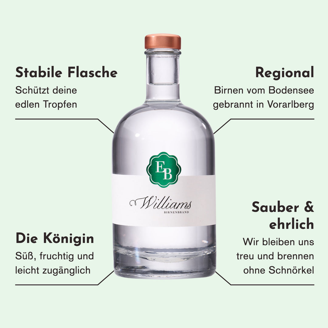 Merkmale des Williams Schnaps: Birnen vom Bodensee, gebrannt in Vorarlberg, die Königin der Birnen, süß, fruchtig und leicht zugänglich, sauber und ehrlich gebrannt.