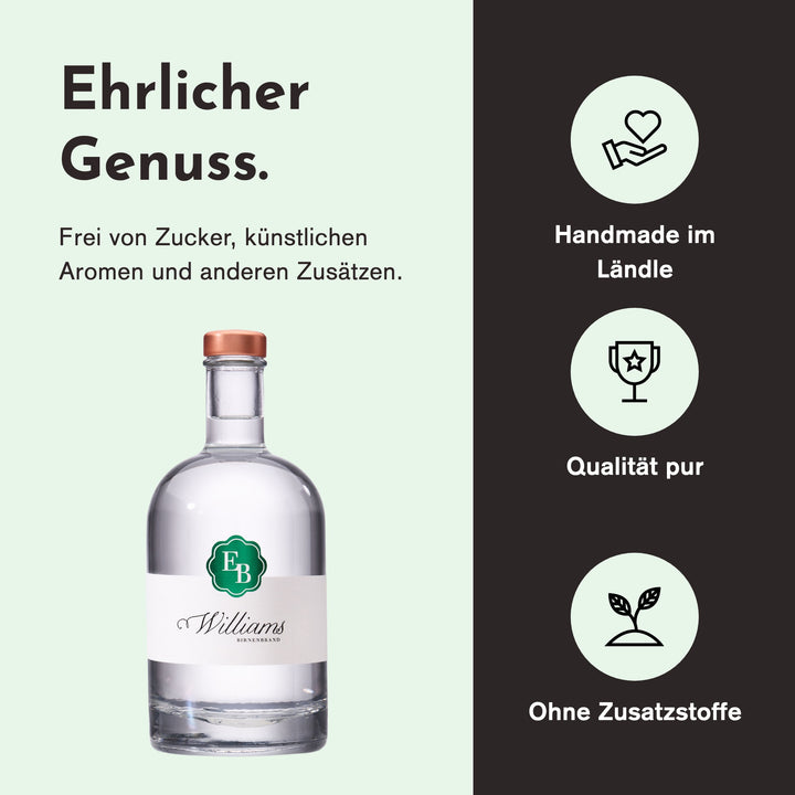 Handgemacht in Vorarlberg, ohne Zusatzstoffe: Williams Schnaps der Destillerie Brunner.