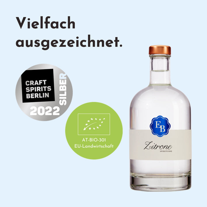 BIO-Zitronenschnaps mit Silber bei den Craft Spirits Berlin 2022 und dem EU-BIO-Siegel, Kontrollstelle AT-BIO-301.