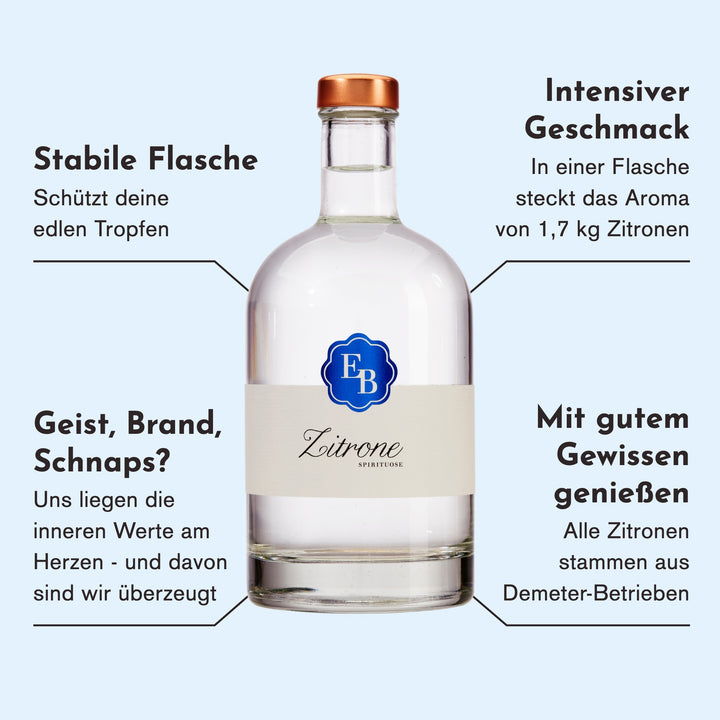 Merkmale des BIO-Zitronenschnaps: das Aroma von 1,7 kg Zitronen pro Flasche, Zitronen aus Demeter-Betrieben.