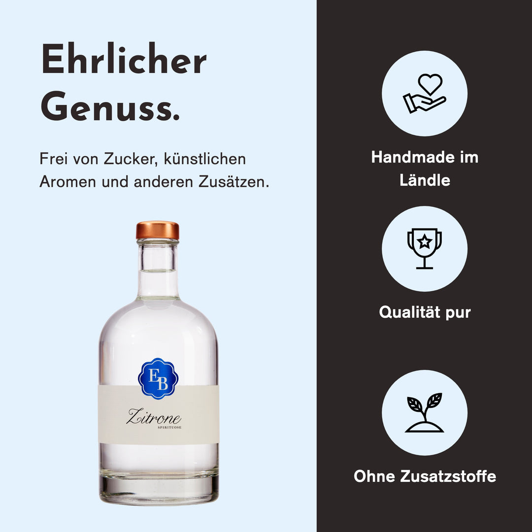 Handgemacht in Vorarlberg, ohne Zusatzstoffe: BIO-Zitronenschnaps der Destillerie Brunner.