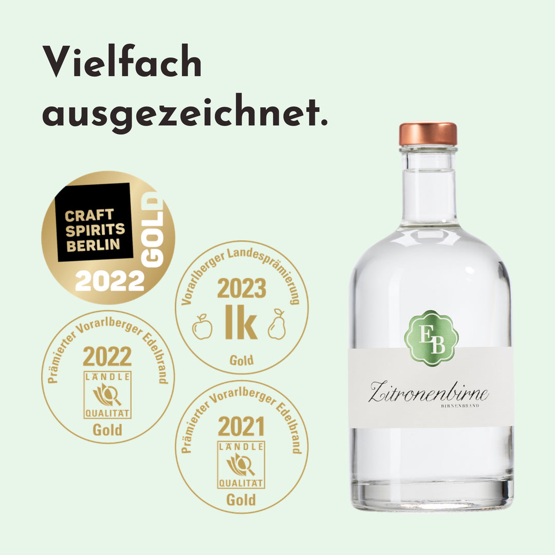 Zitronenbirne mit Gold bei den Craft Spirits Berlin 2022 und der Vorarlberger Landesprämierung 2021, 2022 und 2023.