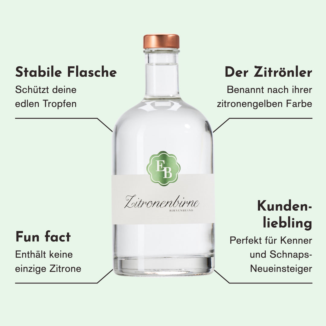 Merkmale der Zitronenbirne: in Vorarlberg „Zitrönler“ genannt und nach ihrer zitronengelben Farbe benannt, enthält keine Zitronen, Kundenliebling für Kenner und Einsteiger.