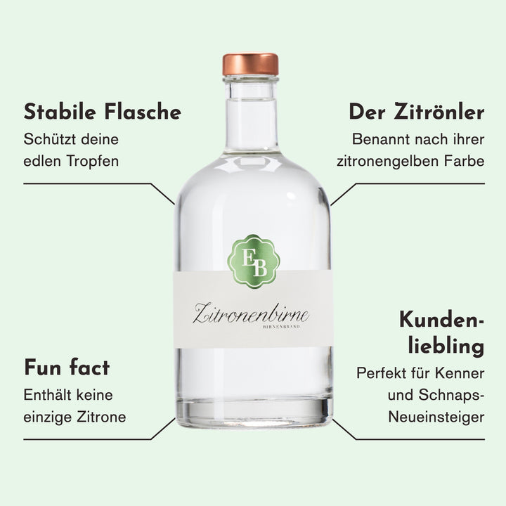 Merkmale der Zitronenbirne: in Vorarlberg „Zitrönler“ genannt und nach ihrer zitronengelben Farbe benannt, enthält keine Zitronen, Kundenliebling für Kenner und Einsteiger.