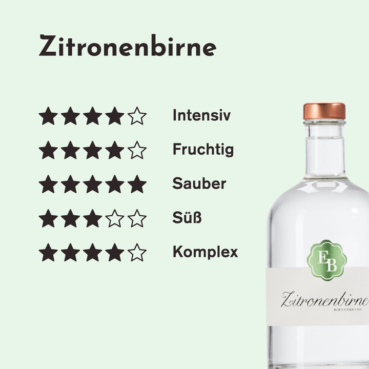 Geschmacksprofil der Zitronenbirne: intensiv 4/5, fruchtig 4/5, sauber 5/5, süß 3/5 und komplex 4/5 Sternen.