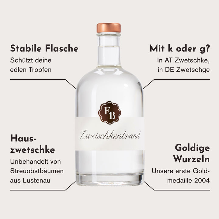 Merkmale des Zwetschkenschnaps: unbehandelte Hauszwetschken von Streuobstbäumen aus Lustenau, in Österreich Zwetschke und in Deutschland Zwetschge, unsere erste Goldmedaille 2004.