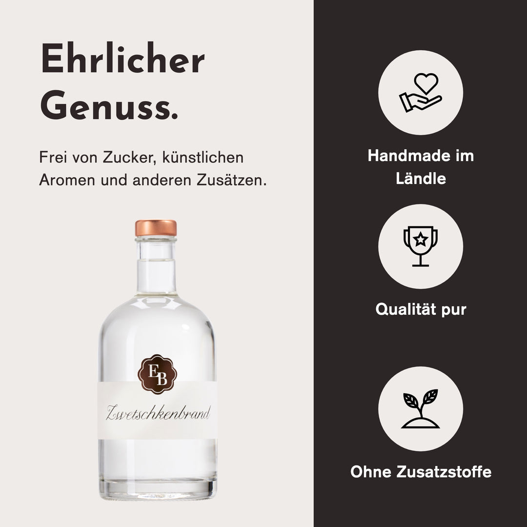 Handgemacht in Vorarlberg, ohne Zusatzstoffe: Zwetschkenschnaps der Destillerie Brunner.