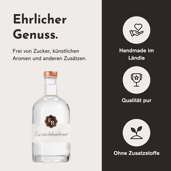 Handgemacht in Vorarlberg, ohne Zusatzstoffe: Zwetschkenschnaps der Destillerie Brunner.