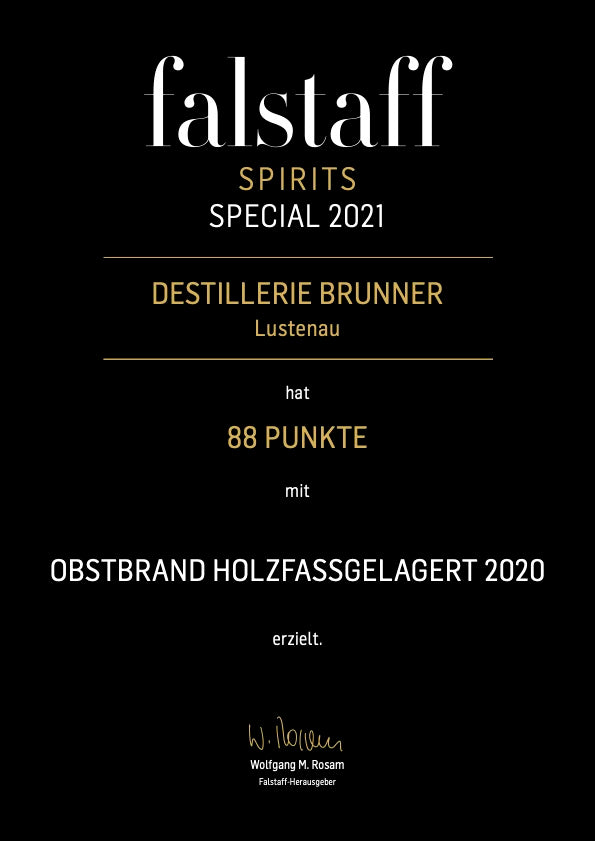 Falstaff Spirits Trophy 2021, 88 Punkte für den holzfassgelagerten Obstbrand der Destillerie Brunner.