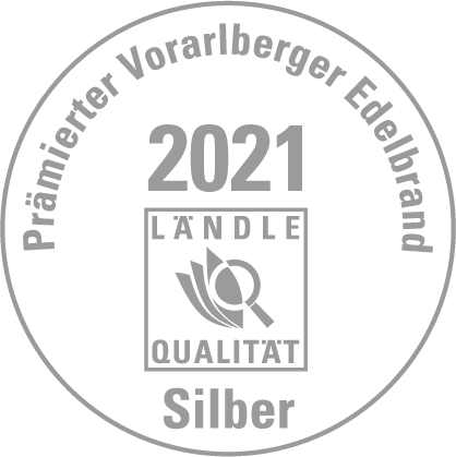 Vorarlberger Landesprämierung 2021 Silber-Medaille für den Bohnapfel  der Destillerie Brunner.